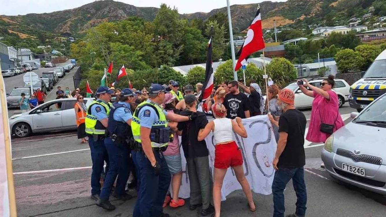 Police arrested pro-Palestine protesters, and accused the group of blocking traffic in Lyttelton yesterday. Photo / Allforallpalestine