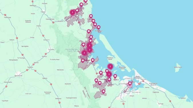 A Chorus map of internet outages in Bay of Plenty. Photo / Chorus