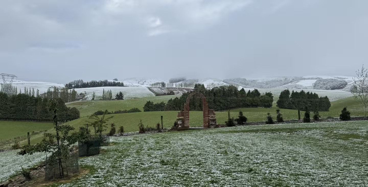 On the sixth day without power, snow settles on the hills surrounding Waikaka Station station. Photo / Sharon Patterson