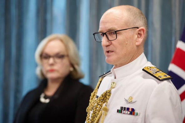 Chief of Navy, Rear Admiral Garin Golding (right), with Defence Minister Judith Collins. Photo / Jason Dorday