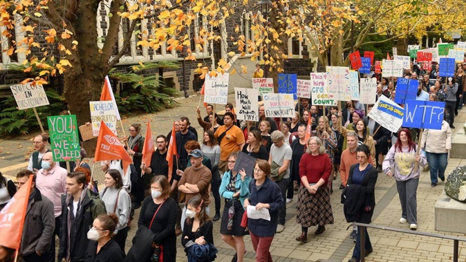 Hundreds of staff and supporters protested earlier this month following the university’s announcement it is seeking to save money with options including potentially 'several hundred' job losses. Photo / Stephen Jaquiery