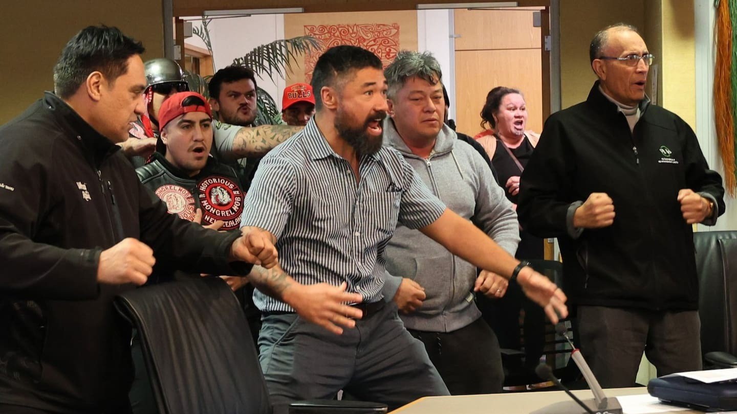 Patched gang members were among attendees at a Hawke's Bay Regional Council meeting which unanimously voted to retain Māori constituencies, sparking a celebratory haka. Photo / Hawke's Bay Regional Council