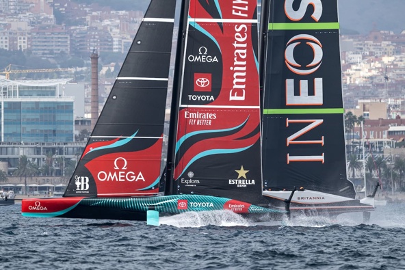 A close moment in the pre-start in race three saw Ineos Britannia penalised. Photo / Ricardo Pinto, America's Cup