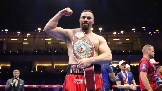 Joseph Parker celebrates his knockout win over Martin Bakole in February. Photo / Matchroom Boxing