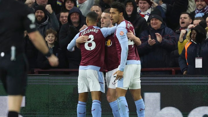 Youri Tielemans John McGinn and Boubacar Kamara of Aston Villa celebrate a goal. Photo / Getty Images.