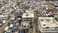An aerial view shoes tents used as shelters placed next to buildings that were destroyed in the February 2023 earthquake, in Idlib province, Syria. Photo / AP