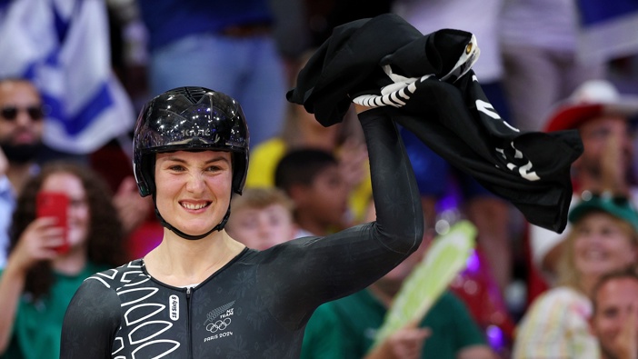 Gold medalist Ellesse Andrews of Team New Zealand celebrates after the Women's Sprint, Finals - Race 2 on day sixteen of the Olympic Games Paris 2024 at Saint-Quentin-en-Yvelines Velodrome on August 11, 2024 in Paris, France. (Photo by Jared C. Tilton/Getty Images)