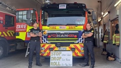 Tauranga Senior Firefighter Steven Opie (left) and Senior Station Officer Curtis van Heyden are among career firefighters striking for better pay, staffing, and operational resources. Photo / Sandra Conchie