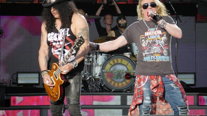 Slash and Axl Rose on stage in 2017. Photo / Steven McNicholl