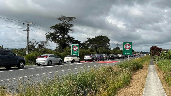 There was a 1.5km queue of cars leading into Waipu today to get a sticker from police in order to travel through the regional border next week. (Photo / Facebook)