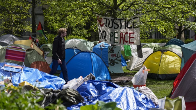 Pro-Palestinian protesters remain on the University of Chicago campus for a fifth day, Friday, May 3, 2024, in Chicago. (AP Photo/Erin Hooley)