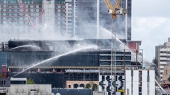 Firefighters battle the huge fire in the under-construction SkyCity Convention Centre on Tuesday. Photo / Dean Purcell