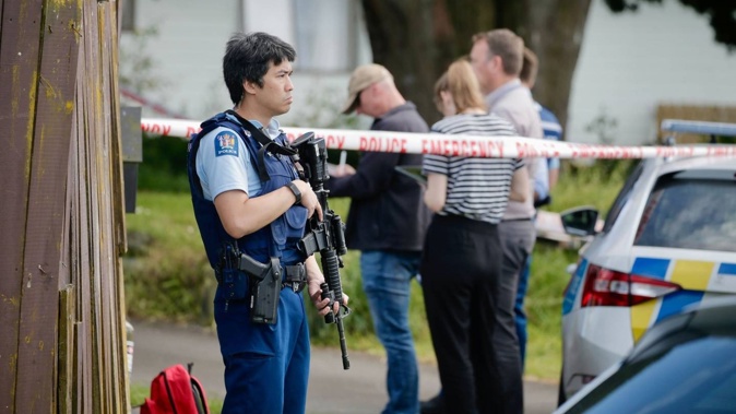 Police guard the scene of the shooting at Oratu Pl, Manurewa, on Sunday morning. Photo / Alex Burton