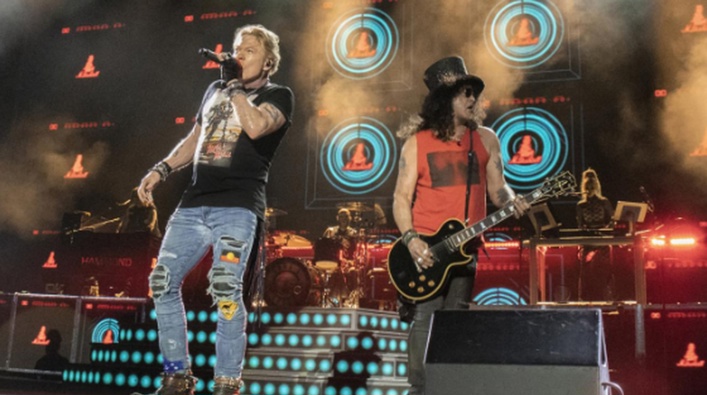 Singer Axl Rose (left) photographed at Brisbane’s Suncorp Stadium with guitarist Slash. Photo / Supplied
