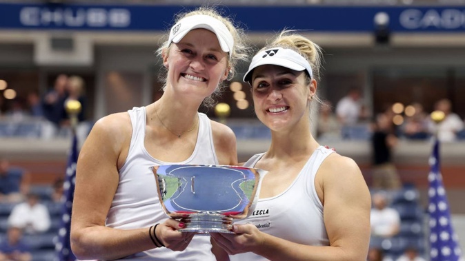 Erin Routliffe (left), and Gabriela Dabrowski celebrate after winning the Women's Doubles title at the US Open. Photo / Getty Images