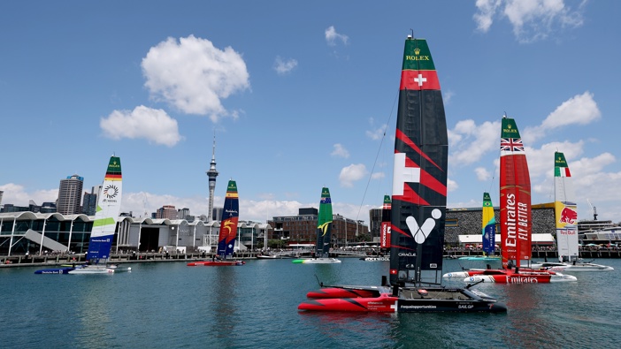 The yachts sit docked in the harbour during SailGP Auckland on January 18, 2025 in Auckland, New Zealand. (Photo by Phil Walter/Getty Images)