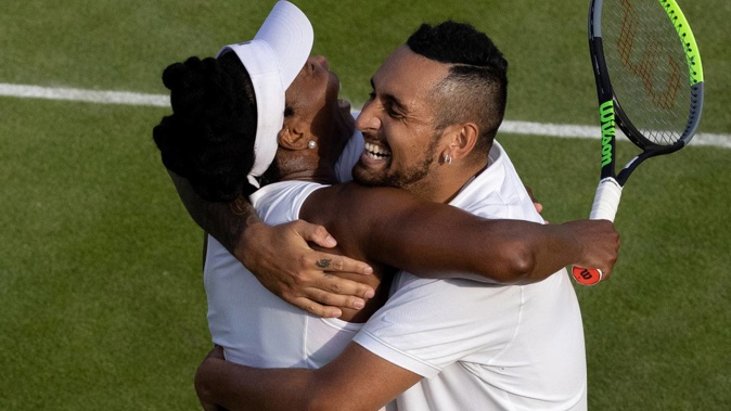 Nick Kyrgios and Venus Williams celebrate winning against the US pairing of Sabrina Santamaria and Austin Krajicek. (Photo / Getty)