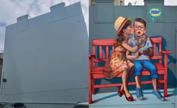 Now and then: Natalia Rak's mural has been painted over. Photo / RNZ / Tess Brunton / Natalia Rak