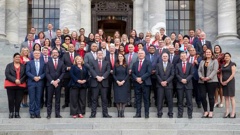 Prime Minister Jacinda Ardern and the Labour caucus on Parliament Steps for their official photograph in 2020. Photo / Mark Mitchell