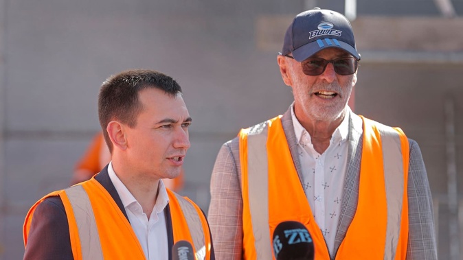 Transport Minister Simeon Brown, left, and Mayor of Auckland Wayne Brown are working to ensure reliable train services run once the City Rail Link opens in 2026. Photo / Alex Burton