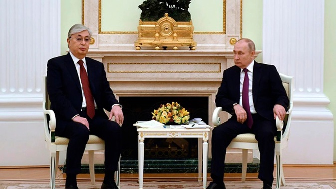 Russia's President Vladimir Putin (right) and Kazakhstan's President Kassym-Jomart Tokayev pose for a photo prior to their talks at the Kremlin in Moscow. Photo / AP