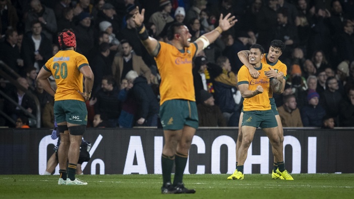 Australian players celebrate victory during the Autumn Nations Series 2025 match between England and Australia at Allianz Stadium on November 09, 2024 in London, England. (Photo by Ryan Pierse - RFU/The RFU Collection via Getty Images)