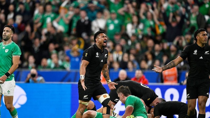 Ardie Savea wins a penalty during the quarter-final win over Ireland at Stade de France. Photosport