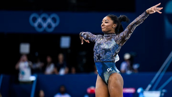 Simone Biles from Team US competes on the floor exercise during day two of the Olympic Games Paris 2024 at the Bercy Arena on July 28. Photo / Getty Images