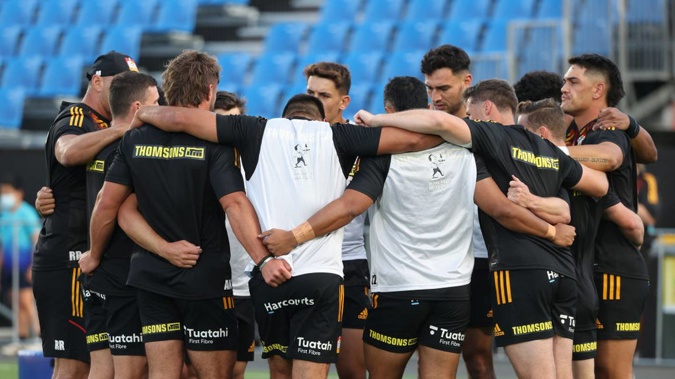 The Chiefs huddle at warm up during the round five Super Rugby Pacific match between the Moana Pasifika and the Chiefs. Photo / Getty