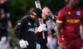 Daryl Mitchell of New Zealand celebrates after scoring a century during the First One Day International match in the series between New Zealand and New Zealand and West Indies at Hagley Oval on November 16, 2025 in Christchurch, New Zealand. (Photo by Joe Allison/Getty Images)