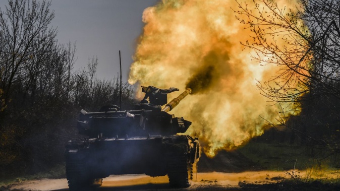 A Ukrainian tank opens fire on targets to support infantry units on the front lines in Avdiivka, in Ukraine's eastern Donetsk region, on April 17, 2023. Muhammed Enes Yildirim/Anadolu Agency/Getty Image