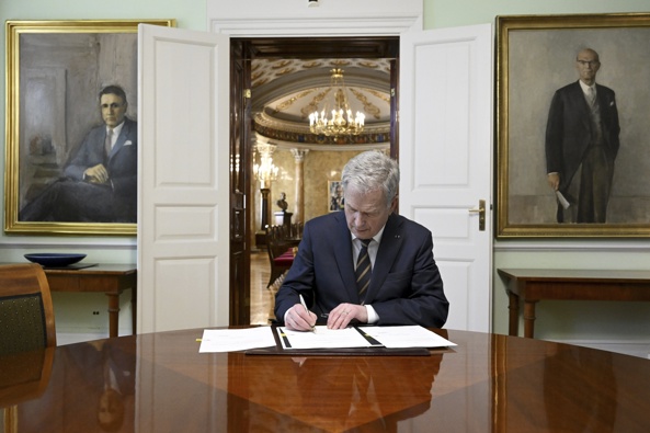 Finland's President Sauli Niinisto signs Finland's national Nato legislation in Helsinki, Finland. Photo / AP