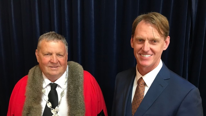 Kaipara Deputy Mayor Jonathan Larsen (right), pictured with the district's mayor, Craig Jepson, took the Whangārei Fire station to the ERA over a senior role position. Photo / Susan Botting