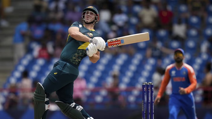 Australia's captain Mitchell Marsh plays a shot against India during an ICC Men's T20 World Cup match. Photo / AP