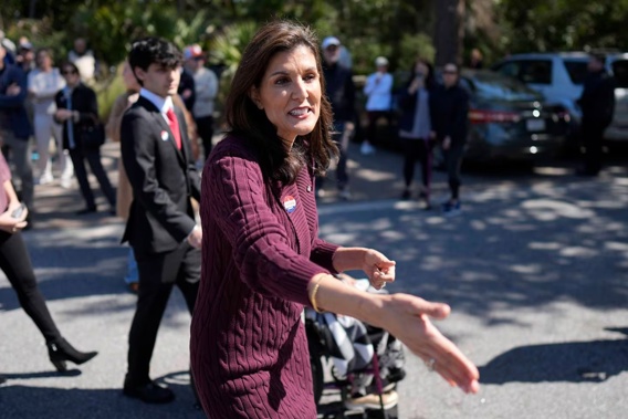 Republican presidential candidate former UN Ambassador Nikki Haley greets a supporter after voting on Saturday, February 24 in Kiawah Island, South Carolina. (AP Photo/Chris Carlson)