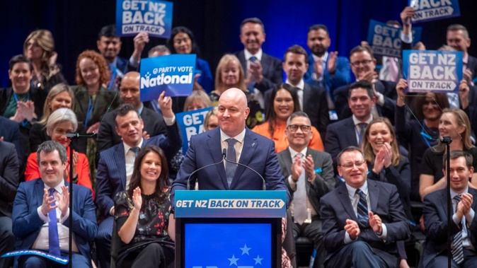 National leader Christopher Luxon in front of MPs and candidates during his speech at the party's annual conference at the Michael Fowler Centre in Wellington. Photo / Mark Mitchell