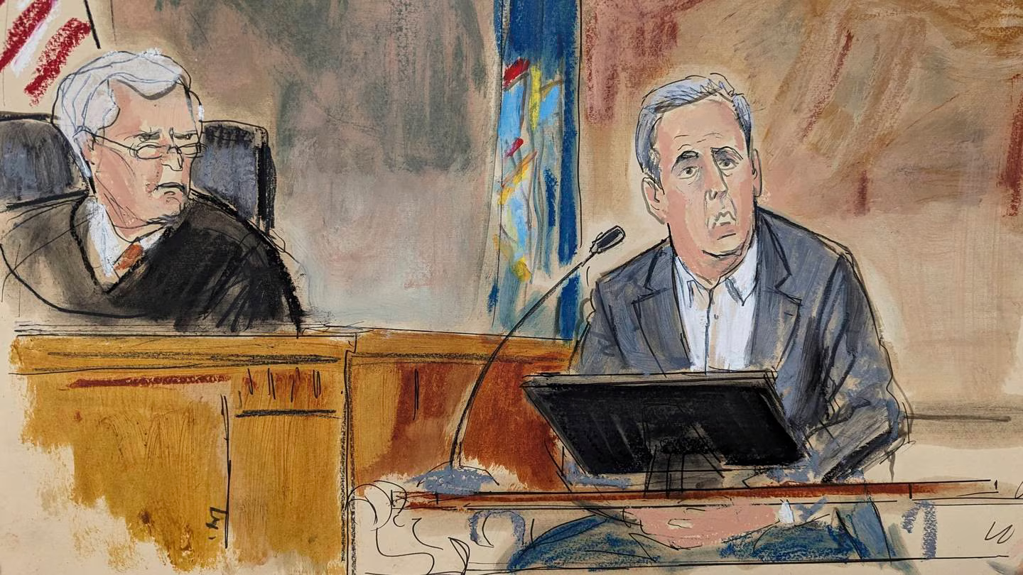 In this courtroom sketch, Michael Cohen testifies on the witness stand as Judge Arthur Engoron looks on from the bench in New York Supreme Court, Tuesday, October 24. (Elizabeth Williams via AP)