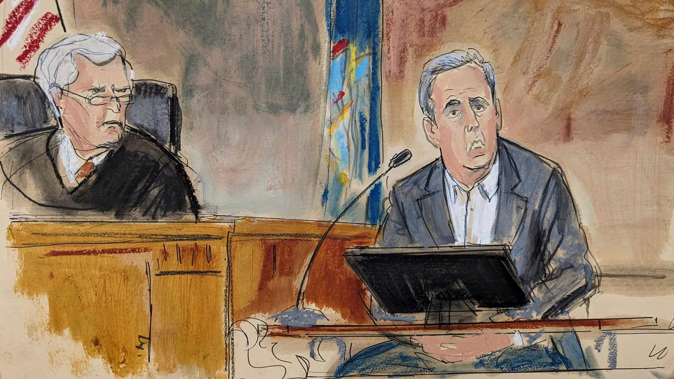In this courtroom sketch, Michael Cohen testifies on the witness stand as Judge Arthur Engoron looks on from the bench in New York Supreme Court, Tuesday, October 24. (Elizabeth Williams via AP)