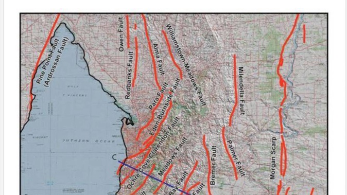 A map showing fault lines near Adelaide. Image / Dan Clark, Mark Leonard: Geoscience Australia
