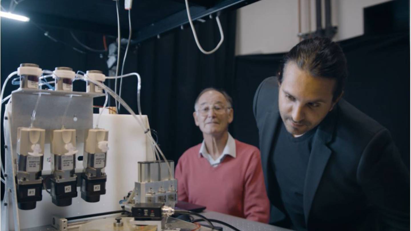 Orbis scientific co-founder professor David Williams and chief technical officer Dr Matheus Vargas with a prototype platform. Photo / Supplied