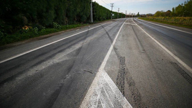 Tyre marks near the crash site on Pakowhai Rd. Photo / Paul Taylor