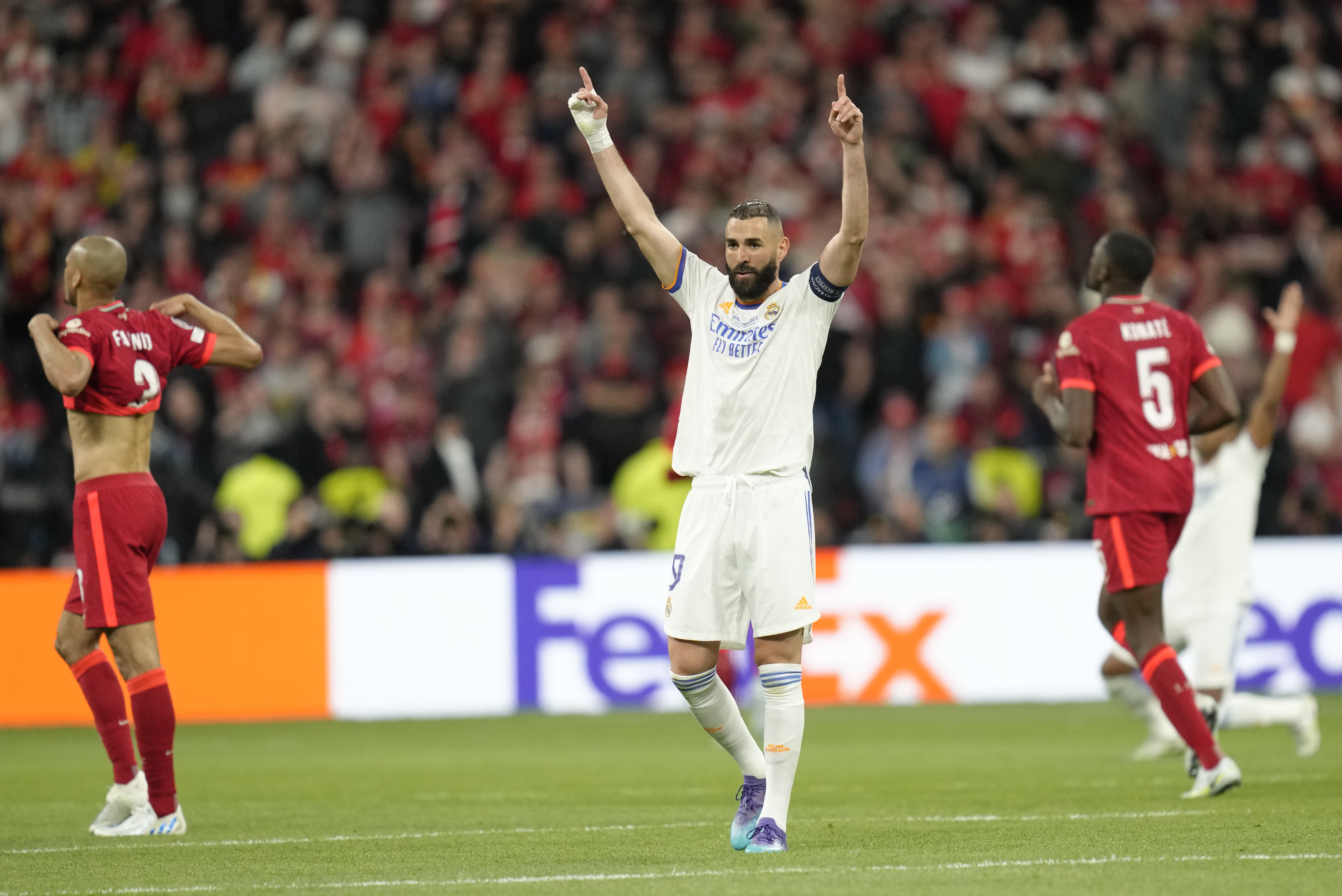 Real Madrid's Karim Benzema celebrates winning the Champions League final match between Liverpool and Real Madrid at the Stade de France in Saint Denis near Paris. Photo / AP