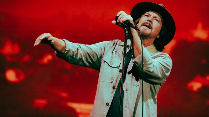 Eddie Vedder seemed happy to be on stage at Auckland’s Mt Smart Stadium for Pearl Jam’s Dark Matter tour on November 8. Photo / Tom Grut (Frog Productions)