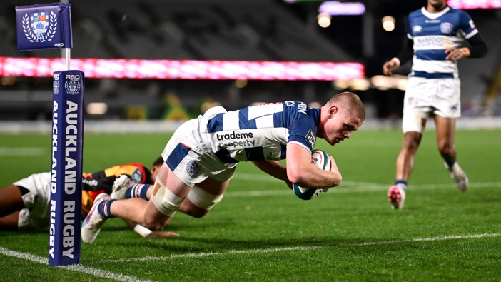 Anton Segner of Auckland scores a try during the round one NPC match between Auckland and Waikato at Eden Park, on July 31, 2025, in Auckland, New Zealand. (Photo by Hannah Peters/Getty Images)