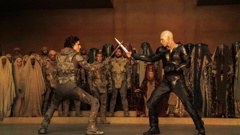 This image released by Warner Bros. Pictures shows Timothee Chalamet, foreground left, and Austin Butler in a scene from "Dune: Part Two." Photo / AP