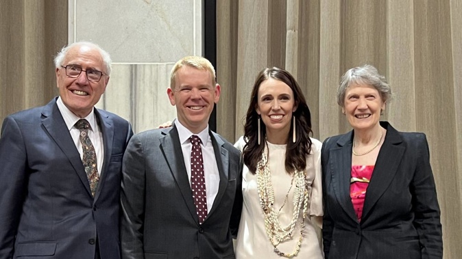 Labour Prime Ministers Sir Geoffrey Palmer (l), Chris Hipkins, Jacinda Ardern and Helen Clark at Ardern's valedictory party. Photo / Supplied
