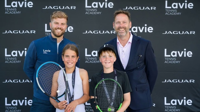 (Back, L-R): Sebastian Lavie, Lee Small from Jaguar. (Front, L-R): Charlize Cashmore, Cullen Mccashin. Photo / Supplied