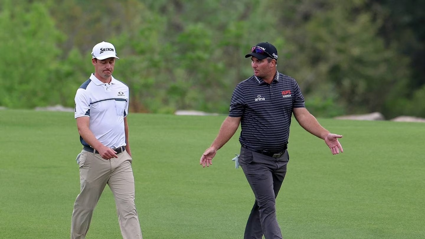 Andrew Putnam of the United States and Ryan Fox of New Zealand walk across the second hole during day two of the World Golf Championships-Dell Technologies Match Play. Photo / Getty