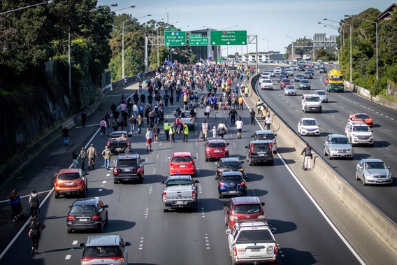 Anti-government protestors caused a major traffic congestion as they walked on ramp towards Southbound lanes on the Southern motorway late last month. Photo / Michael Craig