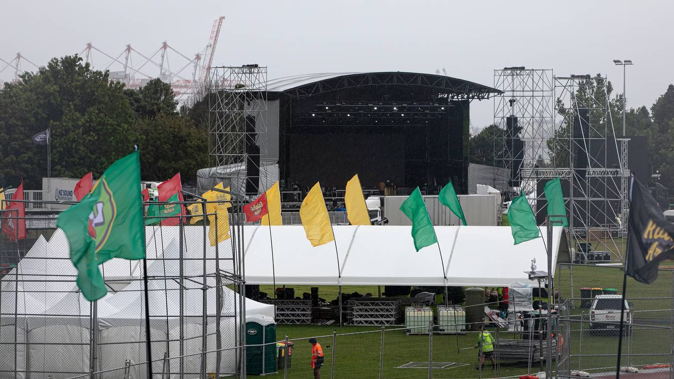The setup of One Love festival in Tauranga Domain. Photo / Mead Norton